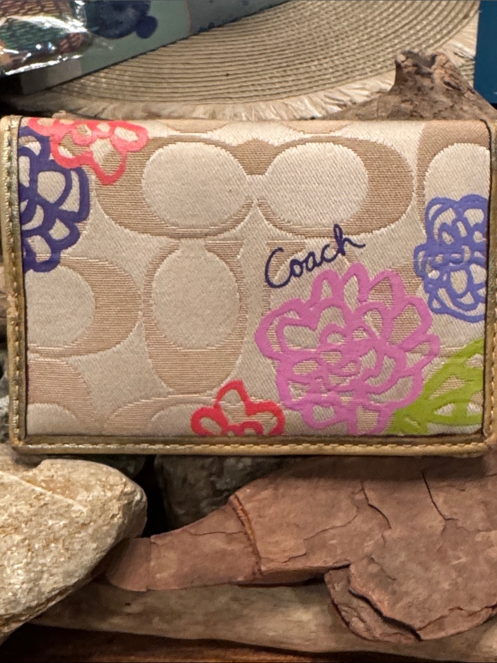 Coach Beige Signature Floral Card Holder with Pink, Purple and Green Accents